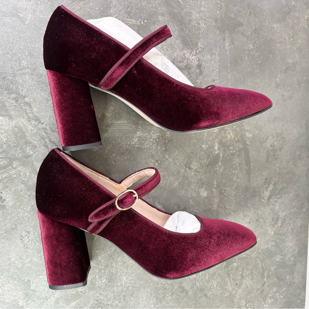 Tuckernuck Oxblood Velvet Julia Heels size 8 burgundy red Mary Jane - Picture 8 of 10